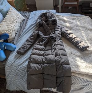 Long gray winter coat with fur hood
